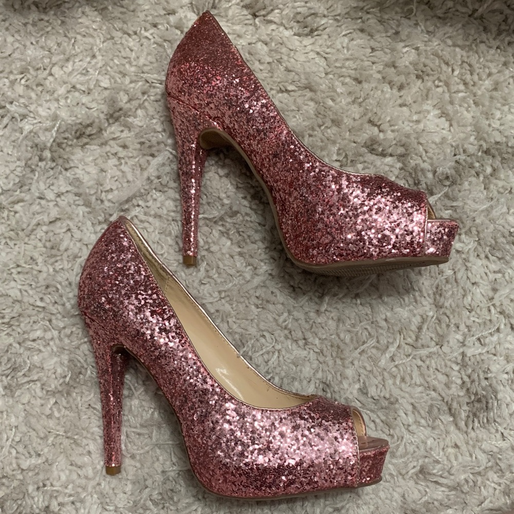 GUESS Pink Glitter Peep Toe Pump Heels